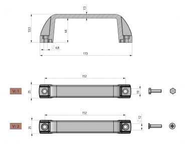 Handgriff 173mm - 152mm - (V1) für 6 Kant Schraube - Kunststoff